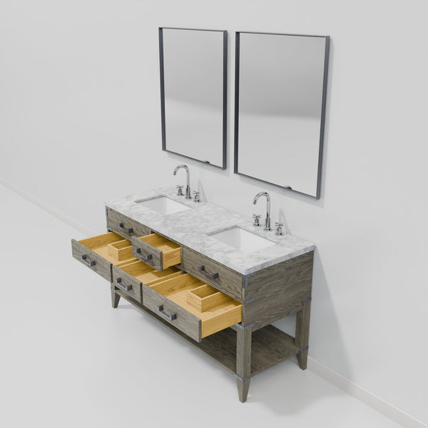 English Elm Grey Oak Double Bath Vanity With Carrara Marble Top, 28” Mirrors & Chrome Faucet Set - Stylish Storage! B2731S01893