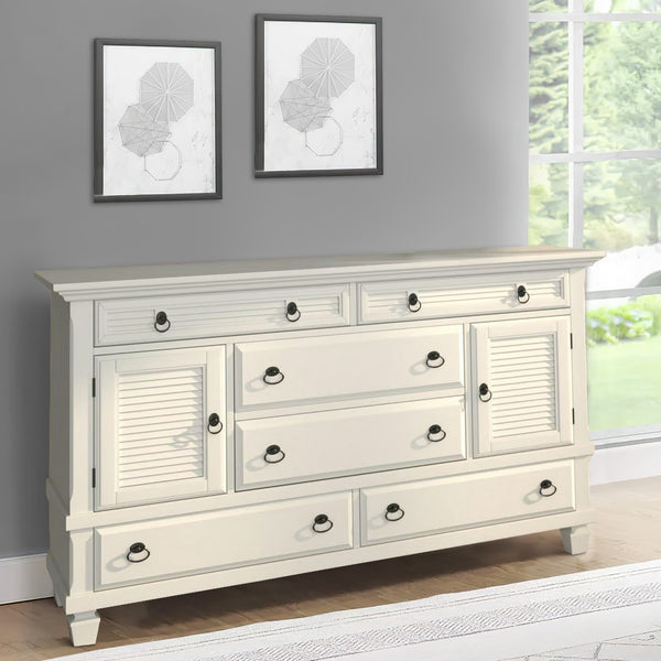 English Elm Pine Solid Wood Dresser Six Drawers Two Cabinets White Finish Bedroom Storage B056P416767
