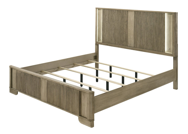 English Elm Lakkari Antique Oak Queen Bed Paneled Headboard Led Lighting Elevated Frame B2756S00011