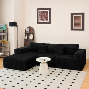 English Elm 112.99"Cloud Long-Pile Corduroy Sectional Sofa with L-Shape Chaise, Modular Deep-Seat Comfort for Living Room Black W3276S00009