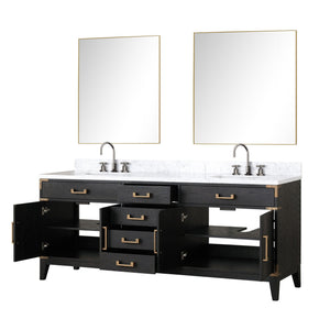 English Elm Black Oak Double Bath Vanity Set With Carrara Marble Top, Faucets & 36" Mirrors For Modern Spaces B2731S02190