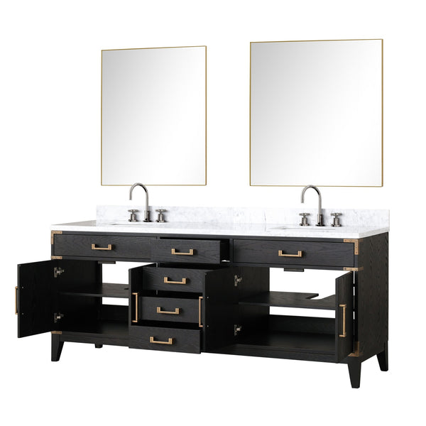 English Elm Black Oak Double Bath Vanity Set With Carrara Marble Top, Faucets & 36" Mirrors For Modern Spaces B2731S02190