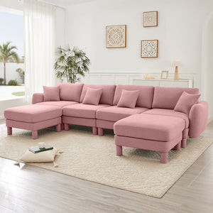 English Elm Boucle Chic U-Shape Sectional Sofa For 4 With Shell Armrests & Movable Ottomans In Stylish Pink W3041S00297