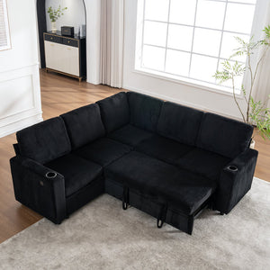 English Elm Sectional Corduroy Sleeper Sofa with Storage and Charging Ports for Small Spaces Black W1361S00078