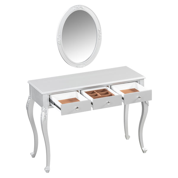English Elm Luxury Makeup Vanity Desk with Oval Mirror and Engraved Floral Frame, Velvet Jewelry Tray, Durable Drawers and Elegant Console for Bedroom & Living Room Decor Silver N844P292481S