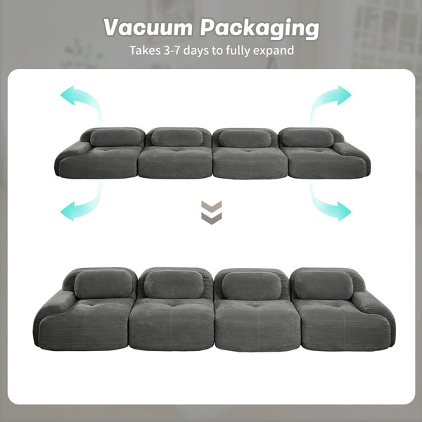 English Elm 4-seat Modular Corduroy Sectional Sofa Low Profile Ergonomic Living Room Seating Grey W714S01270