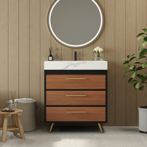 English Elm Modern Freestanding Vanity with Vessel Sink Sintered Stone Top and Gold Steel Legs W3136S00053