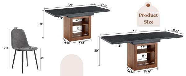 English Elm Expandable Walnut Dining Set with Four Linen Chairs Seats Six in Modern Style Dark Gray,Walnut+Black W1151S04693