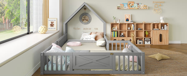 English Elm Full House Floor Bed with Door and Guardrails for Kids, Solid Wood Double Full, Safe Play Nook Grey W1580P354640