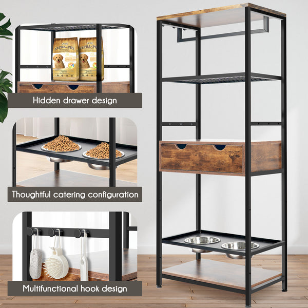 English Elm dog Feeding Station with 3 Adjustable Heights, Stainless Bowls, Spacious Storage Shelves & Drawer – Black Vintage W1687138476