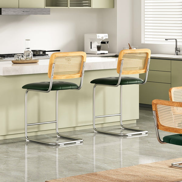 English Elm Farini Velvet Counter Height Bar Stools Set of 2 with Rattan Back, Cantilever Comfort & Floor Protectors Green T3623P354967