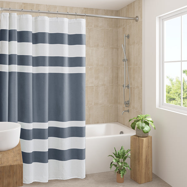 JLA Home Madison Park - Shower Madison Park Spa Waffle Curtain with 3M Scotchgard Water-Repellent Finish and Textured Stripes Dark Blue MP70-8556