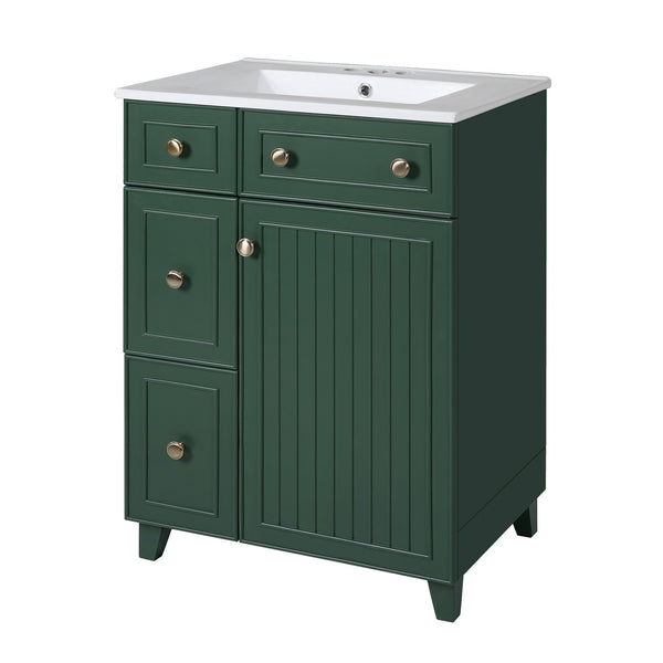 English Elm 24" Forest Green Bathroom Vanity Cabinet with Ceramic Sink, Soft-Close Door, 2 Drawers, Open-Back Access for Easy Plumbing and Durable Solid-Wood Frame N729P264336G