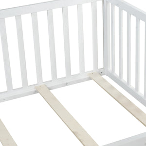 English Elm Twin Floor Bed Solid Rubber Wood with Tall Safety Railings for Toddler Sleep White W504P287658