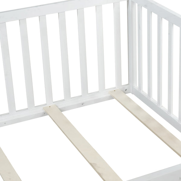 English Elm Twin Floor Bed Solid Rubber Wood with Tall Safety Railings for Toddler Sleep White W504P287658