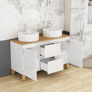 English Elm 47-inch Double Basin Bathroom Vanity Solid Wood Top Glossy White Soft Close W3151S00073