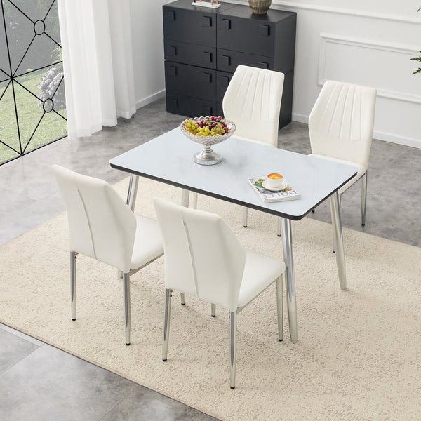 English Elm Table and Chair Set Marble Glass Top Silver Legs White Pu Seating for Modern Dining W1151S04646