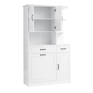 English Elm Tall Freestanding Organizer Cabinet with Tilt-Out Hamper, 2 Drawers, Adjustable Shelves, Modern White MDF Storage N725S352451K