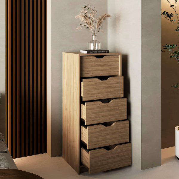 English Elm Basilea Slim Tall Dresser with Smooth Pull-Out System, 5 Spacious Drawers in Natural Oak Finish B200P335295