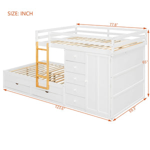 English Elm Full Size Bunk Bed with Integrated Drawers Wardrobe Mdf Solid Wood Kids Storage White LT000463AAK