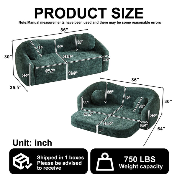 English Elm 86-inch Curved Chenille Convertible Sofa Recliner Frameless Folding Two-seater for Living Room Green W3505P452833