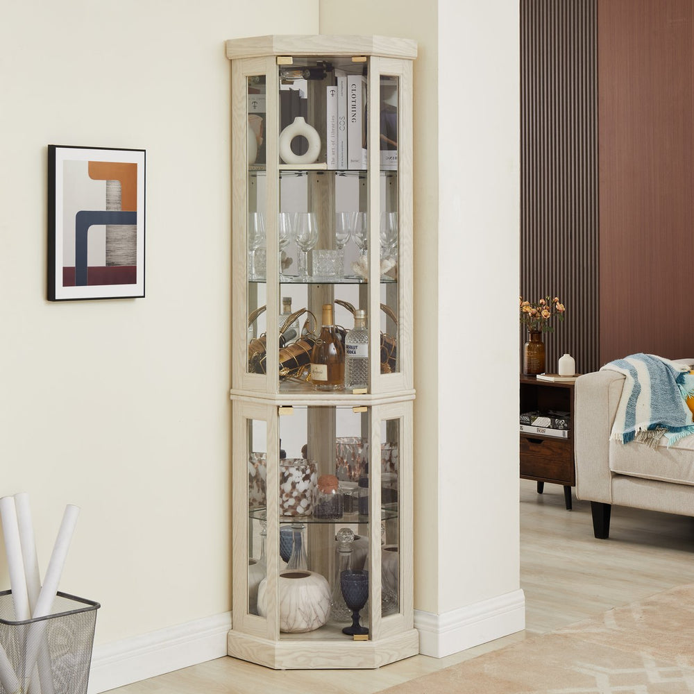English Elm Lighted Corner Curio Cabinet - Elegant Display Case With Integrated Lighting For Collectibles & Glassware W1758P294619