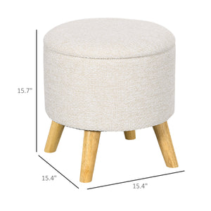 English Elm HOMCOM Round Storage Ottoman Stool with Cushioned Linen Top, Oak Legs, Hidden Interior for Clutter-Free Living Room Seating Cream White W2225P173824