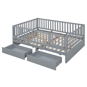 English Elm Full Size Pinewood Kids Daybed with Fence Rails Split Floor Bed and Storage Drawers Gray LP100882AAE