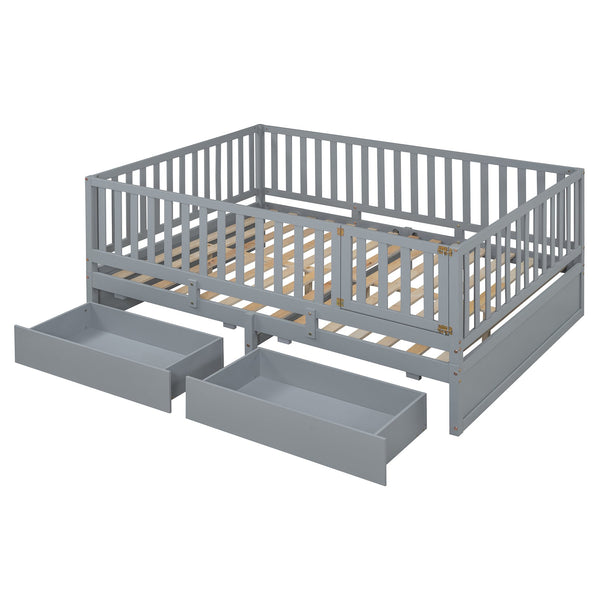 English Elm Full Size Pinewood Kids Daybed with Fence Rails Split Floor Bed and Storage Drawers Gray LP100882AAE