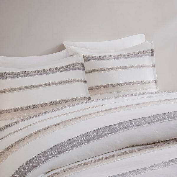JLA Home Madison Park - 3 Clipped Jacquard Duvet Cover Set — Reversible Neutral Geometric Stripes, Durable Machine-Washable Elegance MP12-8167
