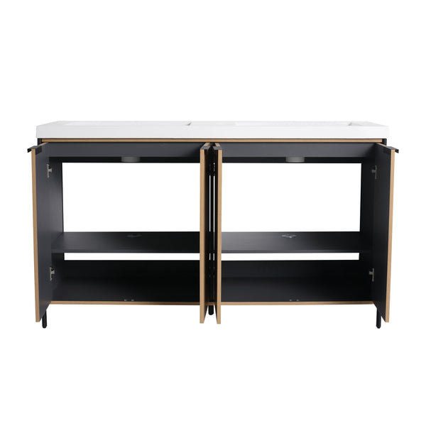 English Elm 60" Freestanding Bathroom Vanity with Double Resin Sink, Soft-Close Doors, Adjustable Shelves, Water-Resistant Finish W999S00383