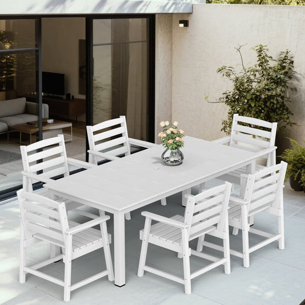 English Elm 7-piece Outdoor Dining Set with Spacious 75" HDPE Table, Aluminum Legs and Waterproof Chairs, Durable White T3898S00002