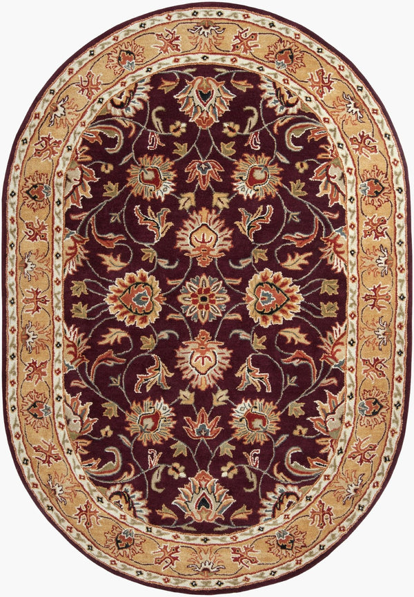 Livabliss Caesar Collection Hand Tufted Wool Area Rug Updated Traditional Pattern for Large Living Rooms Burgundy, Tan 6' x 9' Oval CAE1024-69OV