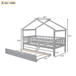 English Elm Twin House Bed Pinewood Frame with Roofline Design and Pull Out Trundle for Kids Gray WF302178AAE