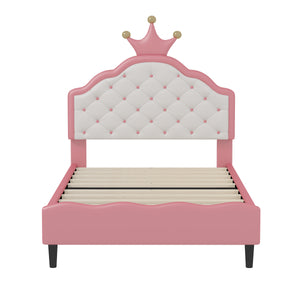 English Elm Twin Lovely Crown Fantasy PU Leather Princess Bed with Tufted Headboard, Soft Upholstery, Sturdy Design Pink 42 L x 22.5 W x 7.5 H N733P198760H