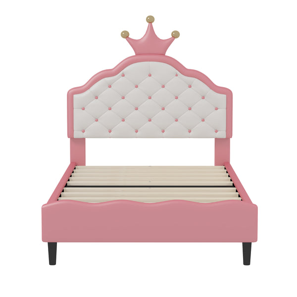 English Elm Twin Lovely Crown Fantasy PU Leather Princess Bed with Tufted Headboard, Soft Upholstery, Sturdy Design Pink 42 L x 22.5 W x 7.5 H N733P198760H