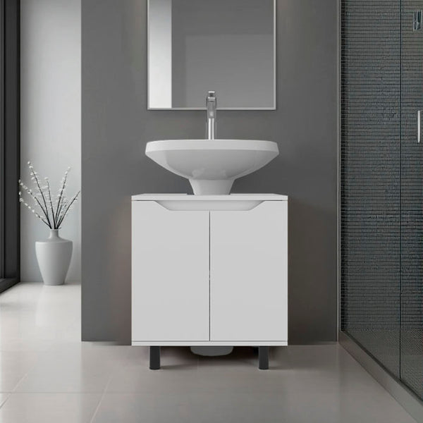 English Elm Marlo White Under Sink Cabinet 22" Wide with Cut-Out Back, Two Doors, Open Shelf, Modern Compact Storage B200P363785