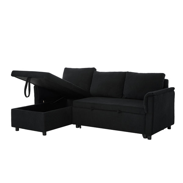 English Elm Loveseat Sectional Sleeper Sofa with Corduroy Tufted Upholstery Storage Chaise Reclining Black W2186S00011