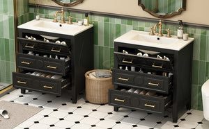 English Elm 60'' Elegant Black Bathroom Vanity Set With Ceramic Sink, 6 Drawers, Solid Wood Frame & Storage N710SS00003B