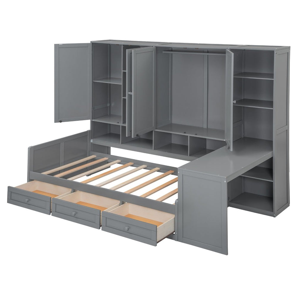 English Elm Twin Size Wooden Daybed With Integrated Desk, Storage Drawers, And Shelves - Stylish Gray Design! N820S00054E-GIGA
