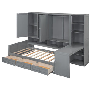 English Elm Twin Size Wooden Daybed With Integrated Desk, Storage Drawers, And Shelves - Stylish Gray Design! N820S00054E-GIGA
