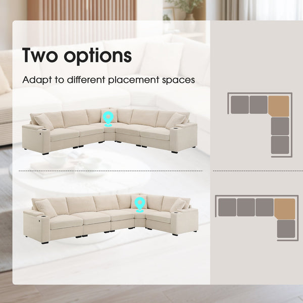 English Elm 104" Corduroy L-shaped Sectional with Usb Charging Armrest Storage and Cup Holders Beige N723S1187A