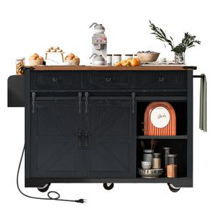 English Elm K&K 53.7" Farmhouse Kitchen Island with Drop Leaf, Sliding Barn Doors, Built-In Power & Wheels Black N707P170347B