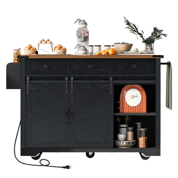 English Elm K&K 53.7" Farmhouse Kitchen Island with Drop Leaf, Sliding Barn Doors, Built-In Power & Wheels Black N707P170347B