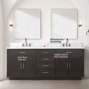 English Elm Brown Oak Double Bath Vanity Set With Carrara Marble Top, Dual Sinks, Chrome Faucets & Mirrors B2731S01805