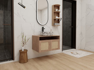 English Elm 30" Floating Bathroom Vanity Oak Finish Ceramic Vessel Sink Soft Close Plywood Cabinet W999S00503