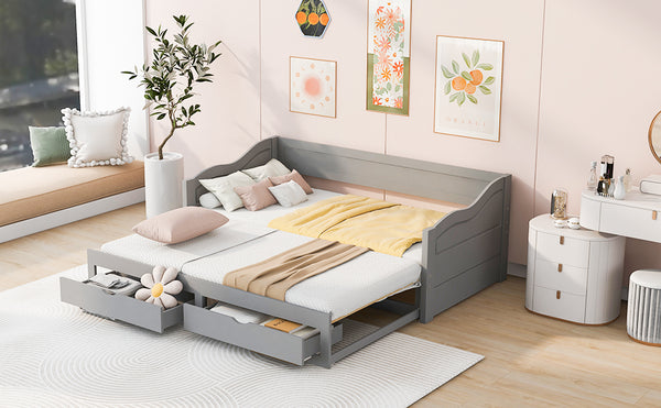 English Elm Wooden Twin Daybed with Pull Out Trundle and Dual Storage Drawers for Guest Rooms Gray LP000519AAE-1