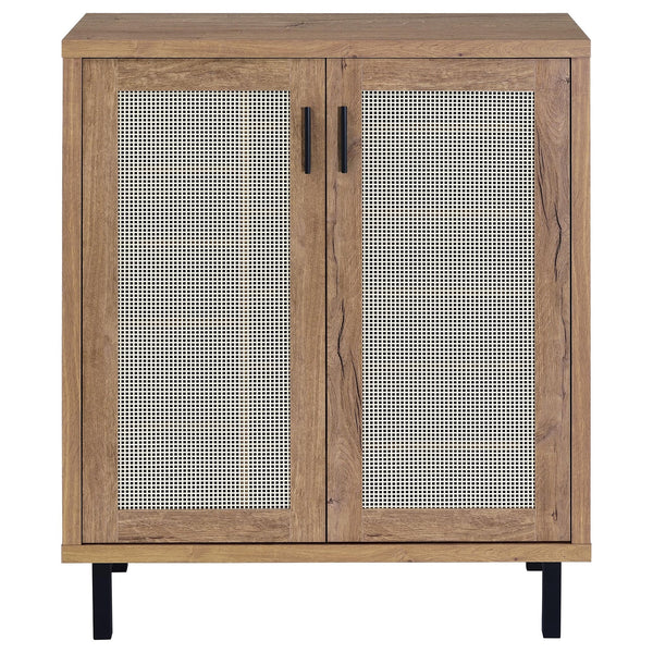 English Elm Stagg Oak Finish Shoe Cabinet with Cane Doors and Black Metal Legs for Entryway B062P451792