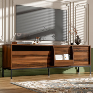 English Elm U-can Mid Century Walnut Media Console with Sliding Doors and Metal Frame for Living Rooms Brown N724P360370D