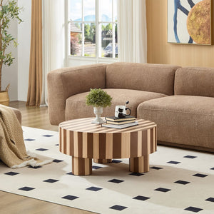 English Elm Round Red Oak Veneer Coffee Table Low Profile Two Tone Striped Modern Living Room Natural,Walnut W2085P384773